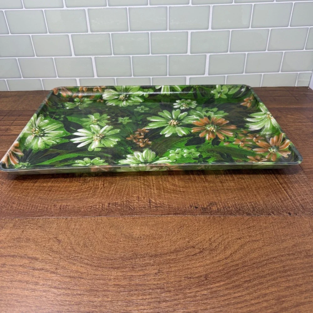 VTG 1960s MCM Fiberglass Floral Serving Tray 16x12 Green‎ Daisy Retro
